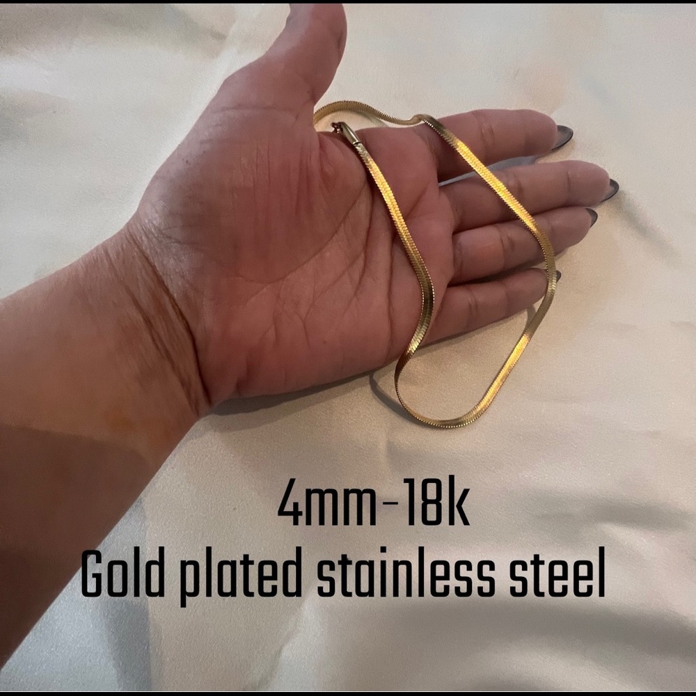 Unisex 18k 4mm Wide Gold Plated Herringbone Stainless Steel Italian Flat Snake.